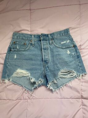 Levi's Light Blue Distressed High-Rise Denim Shorts